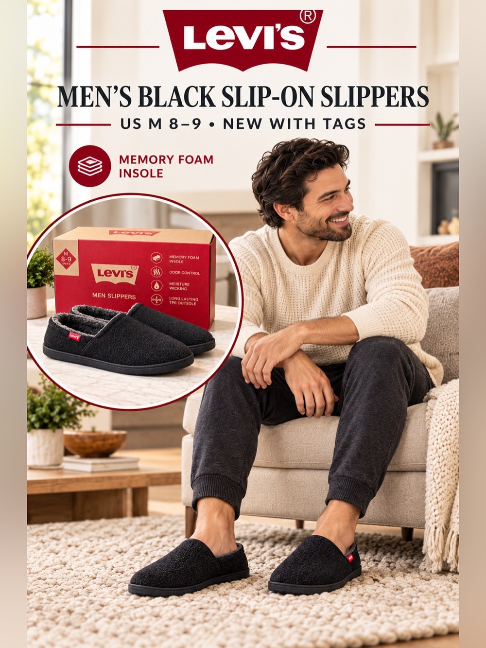 Levi's Men's Slip-On Slippers Black US M 8-9 NEW